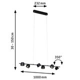 Suspension LED noire avec six spots réglables de 100 cm pour un éclairage intérieur moderne