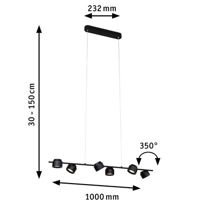 Suspension LED noire avec six spots réglables de 100 cm pour un éclairage intérieur moderne