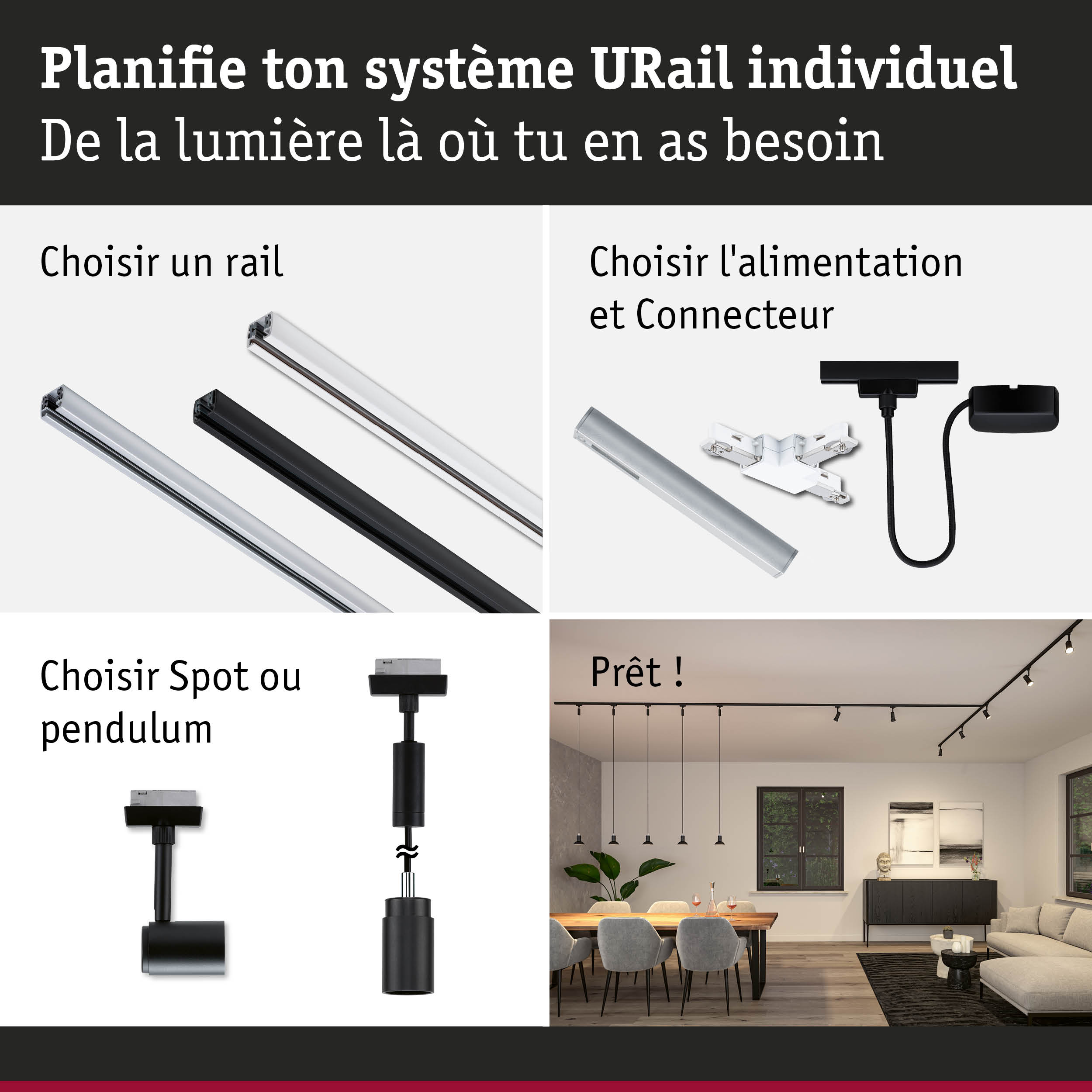 Système de rail URail modulaire en aluminium noir et blanc pour éclairage LED flexible