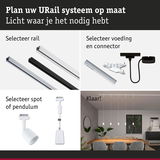 Modulair URail railsysteem met aluminium rails in zwart en wit voor flexibele LED-verlichting.