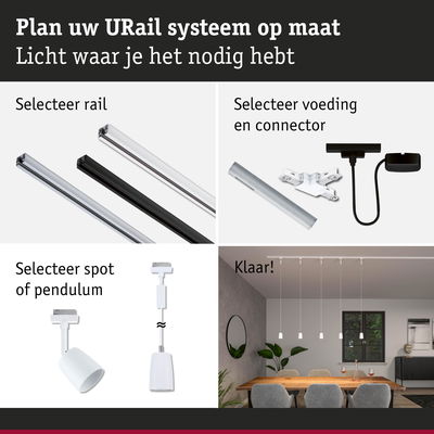 Modulair URail railsysteem met aluminium rails in zwart en wit voor flexibele LED-verlichting.