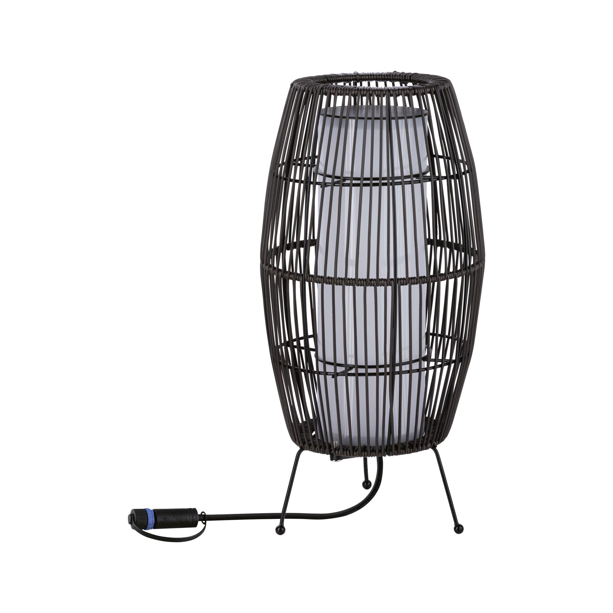 Modern black metal decorative lamp with white shade and cable connection for indoor lighting.