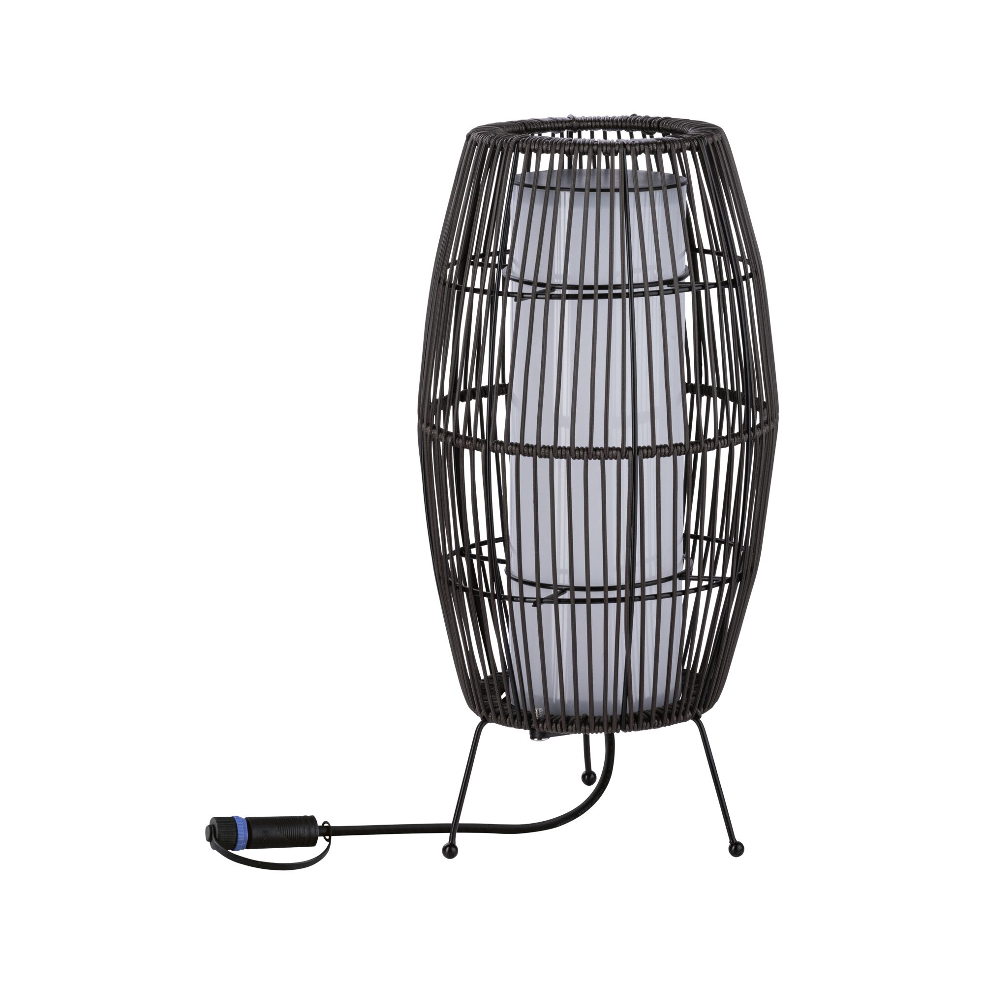 Moderne zwarte metalen decoratieve lamp met witte kap en kabelaansluiting voor binnenverlichting.