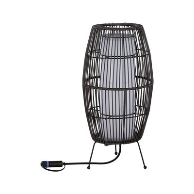 Moderne zwarte metalen decoratieve lamp met witte kap en kabelaansluiting voor binnenverlichting.