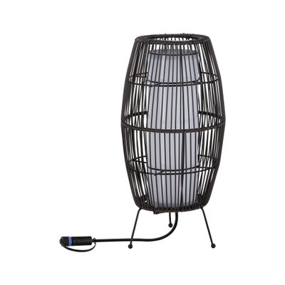 Moderne zwarte metalen decoratieve lamp met witte kap en kabelaansluiting voor binnenverlichting.