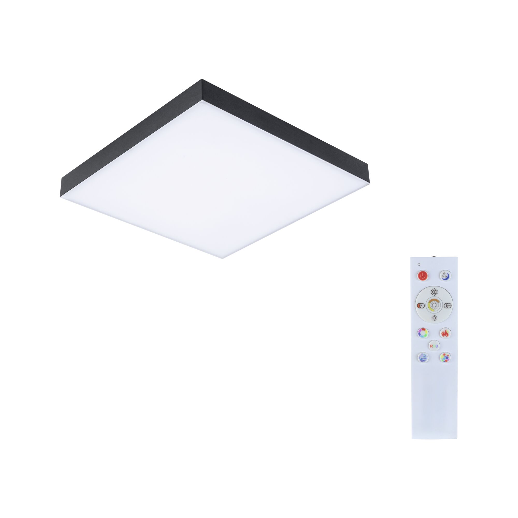 Vierkante LED-plafondlamp met zwarte rand en afstandsbediening voor dimbaar licht en kleurverandering
