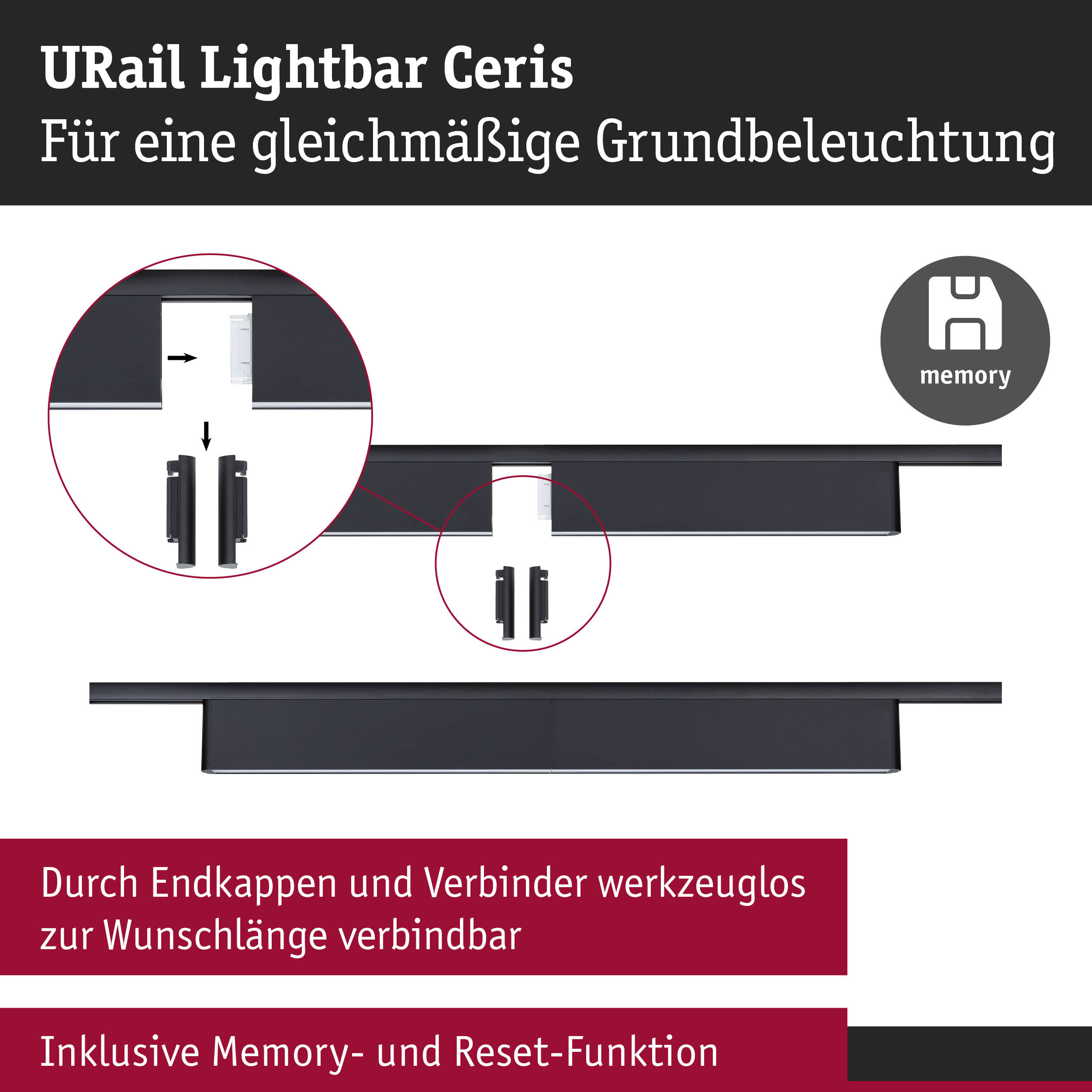 URail Lightbar Ceris in Schwarz für gleichmäßige Grundbeleuchtung mit Memory-Funktion