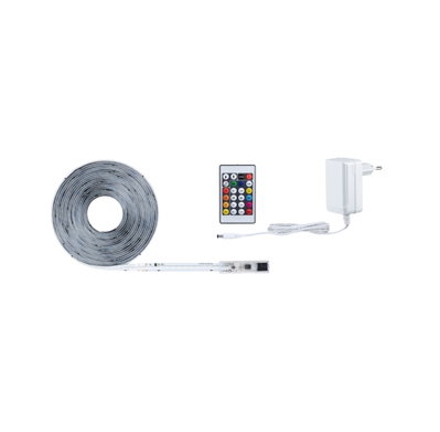 LED strip light with remote control and white power adapter for versatile lighting setups