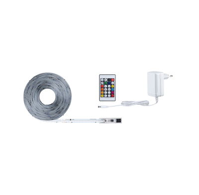 LED strip light with remote control and white power adapter for versatile lighting setups