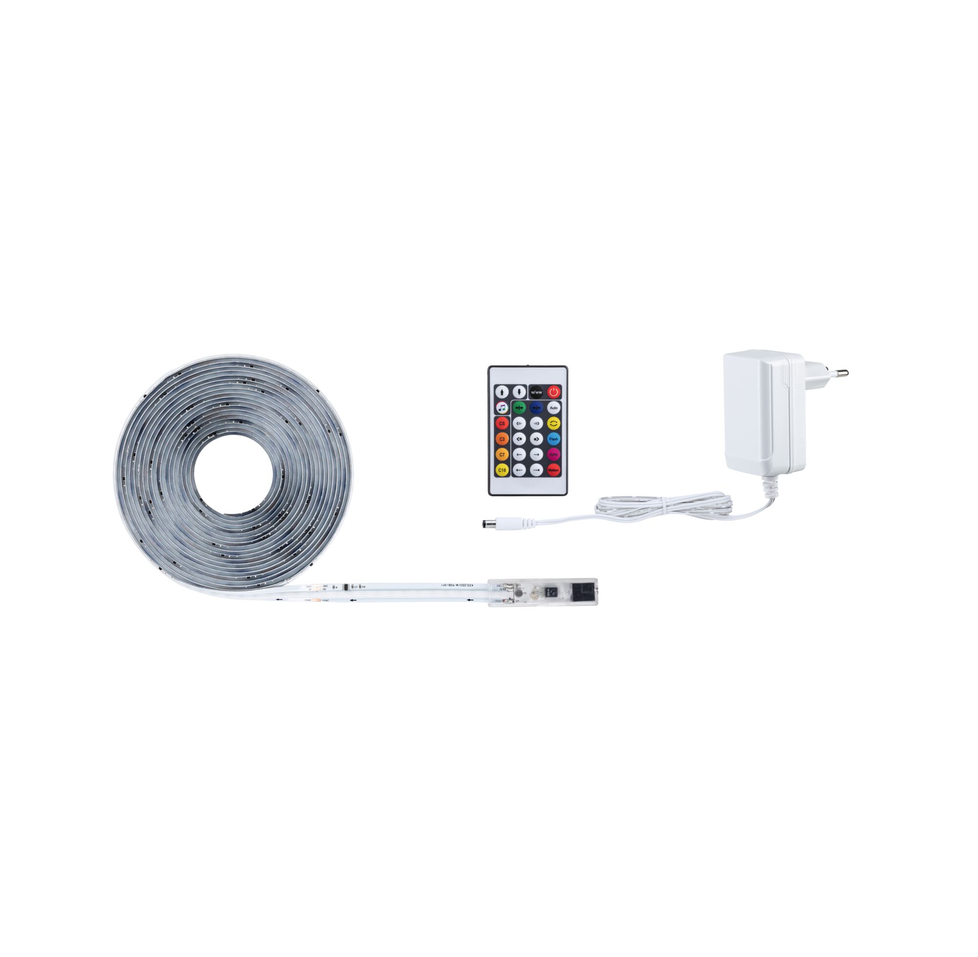 LED-Lichtband mit Fernbedienung und weißem Netzteil für flexible Beleuchtungslösungen