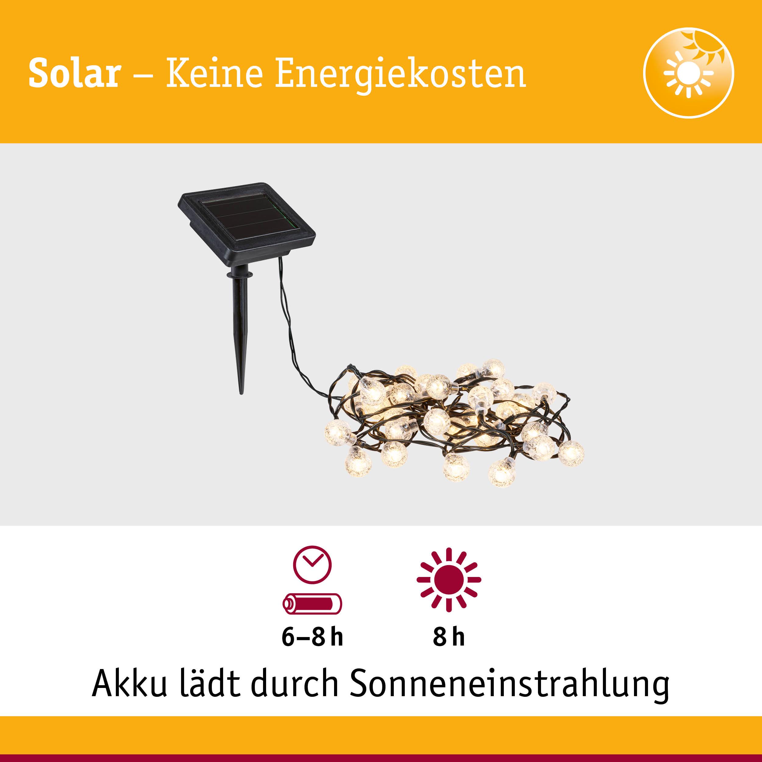 Solarbetriebene LED-Lichterkette mit schwarzem Solarpanel und warmweißen Kugellichtern für Außenbeleuchtung