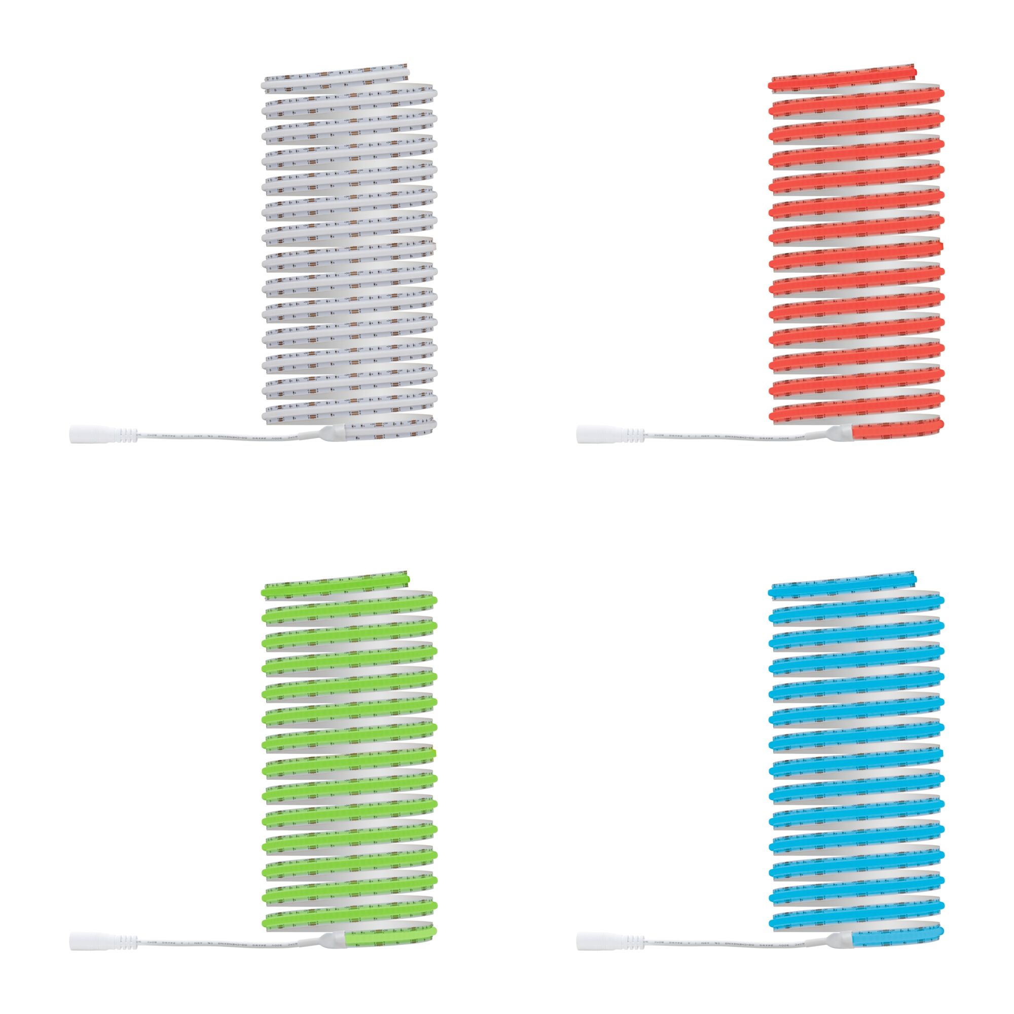 Vier LED-Lichtbänder in Weiß, Rot, Grün und Blau mit Anschlusskabel für flexible Beleuchtung.