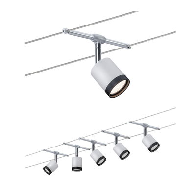 Modern kabelverlichtingssysteem met zes witte metalen LED-spotlights voor flexibele verlichting