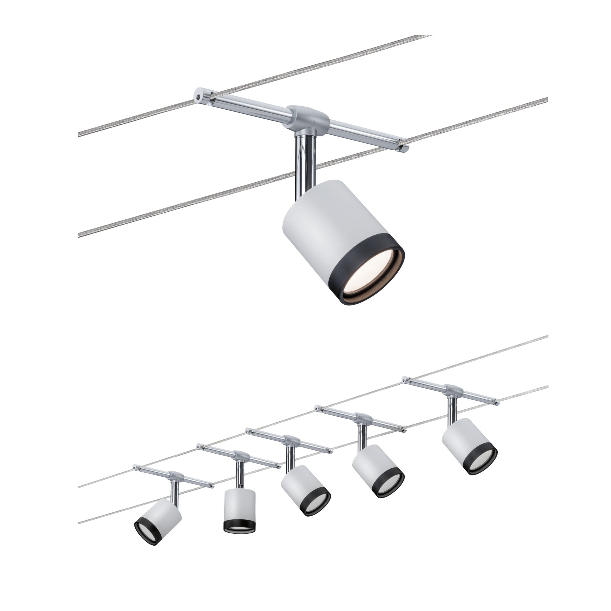 Modernes Seilsystem mit sechs weißen LED-Strahlern aus Metall für flexible Raumbeleuchtung