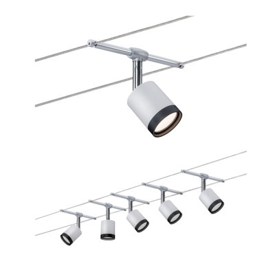 Modernes Seilsystem mit sechs weißen LED-Strahlern aus Metall für flexible Raumbeleuchtung