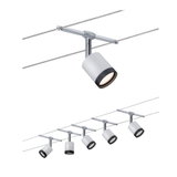 Modernes Seilsystem mit sechs weißen LED-Strahlern aus Metall für flexible Raumbeleuchtung