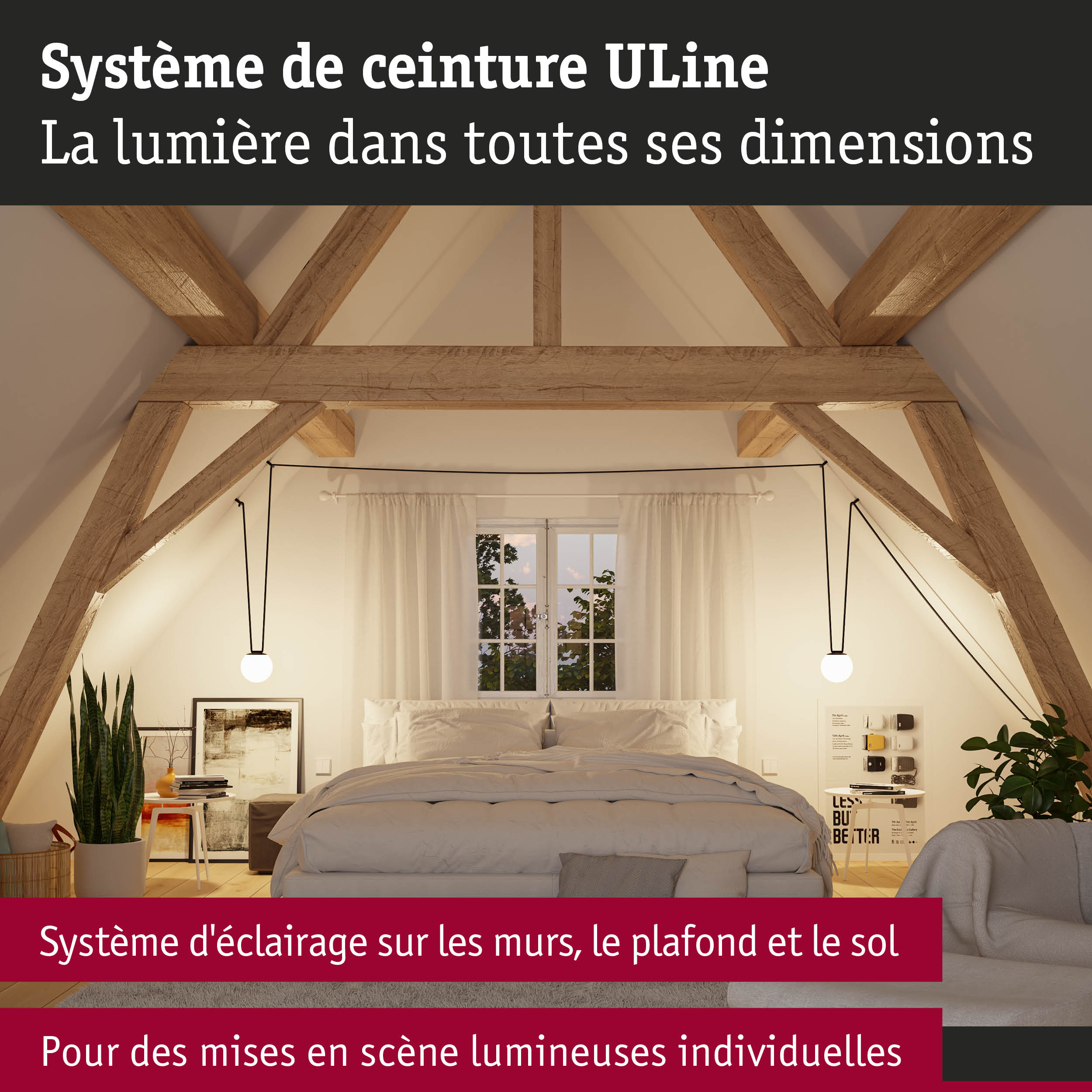 Chambre moderne avec poutres en bois et éclairage minimaliste pour une ambiance chaleureuse et design intérieur