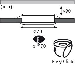 Schéma technique avec dimensions et icône Easy Click pour spot LED encastré de 79 mm de diamètre
