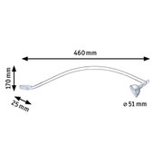 Technical drawing of curved lamp arm with dimensions 460 mm length, 170 mm height, 25 mm width, 51 mm diameter