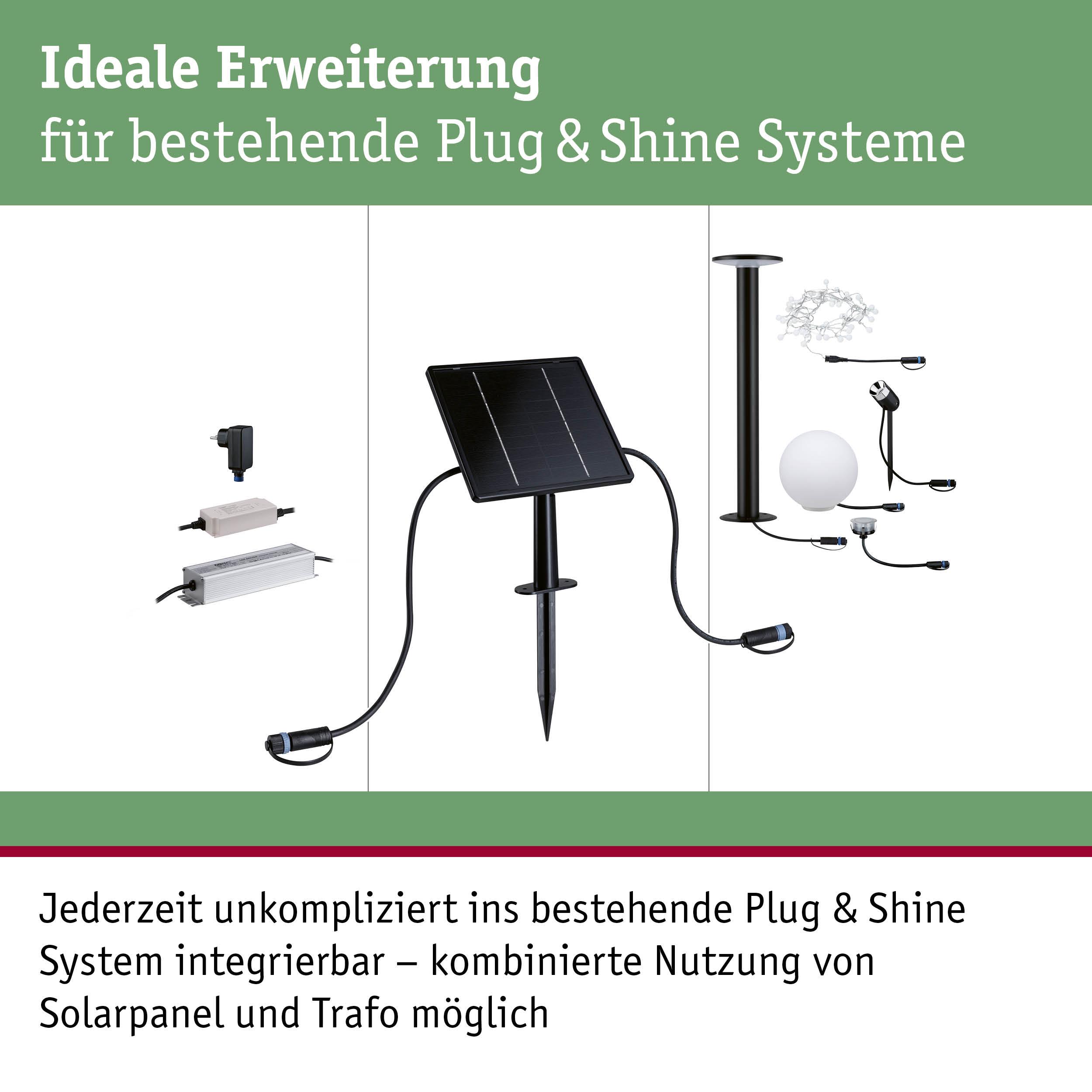 Schwarzes Solarpanel mit Erdspieß und Zubehör als Erweiterung für Plug & Shine Beleuchtungssysteme