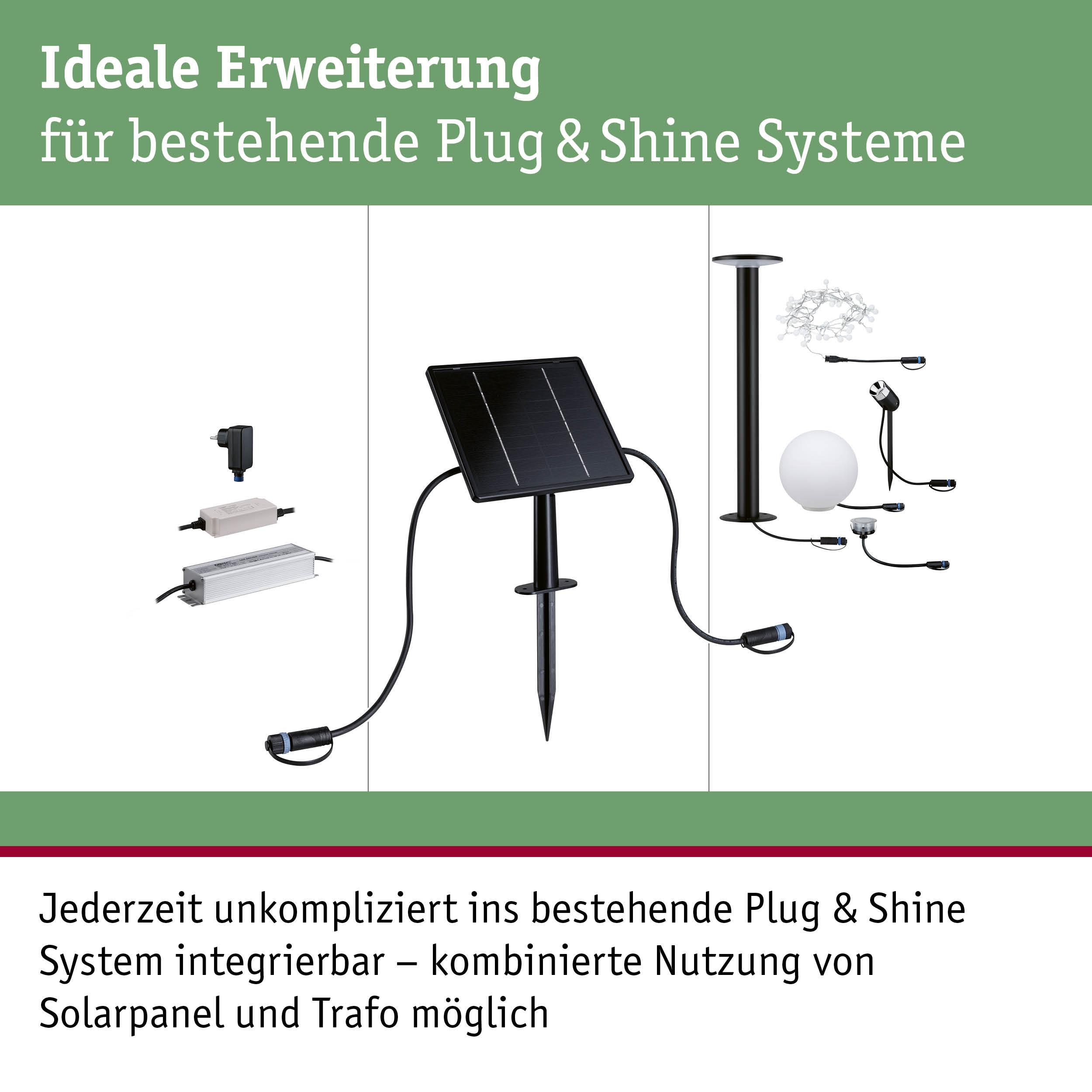 Schwarzes Solarpanel mit Erdspieß und diverse Steckverbinder als Erweiterung für Plug & Shine Systeme