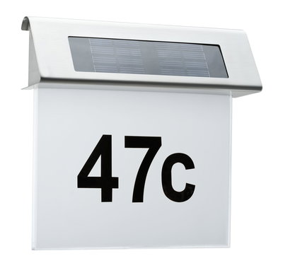 House number sign with solar light made of stainless steel and white plastic with black number 47c