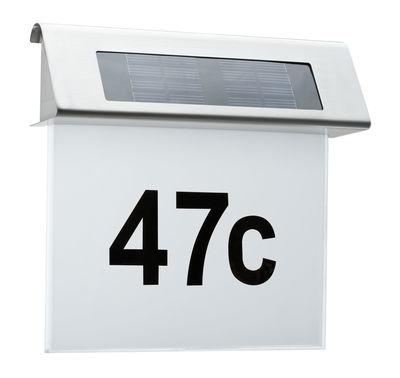 House number sign with solar light made of stainless steel and white plastic with black number 47c
