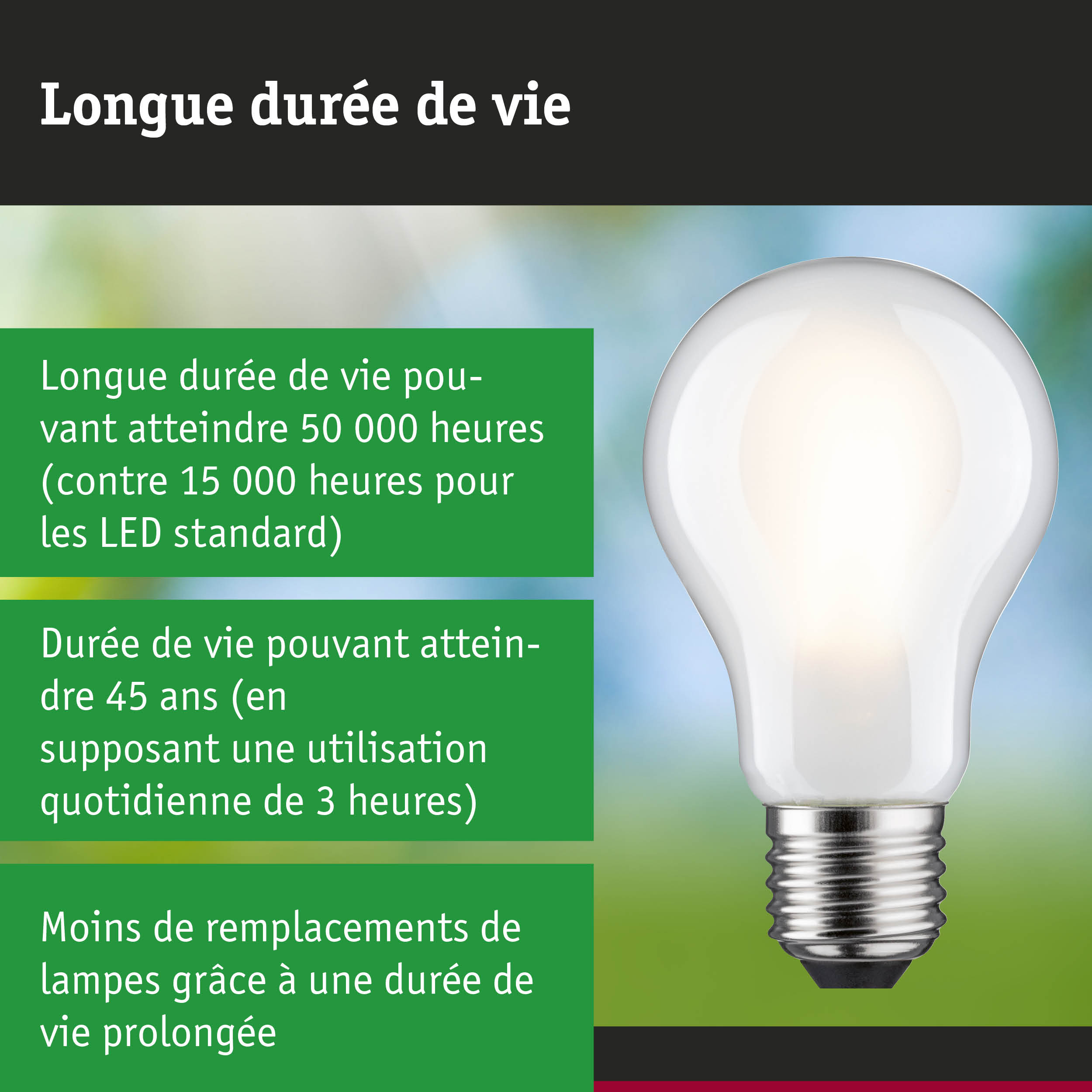 Ampoule LED avec durée de vie de 50 000 heures, solution d'éclairage économique