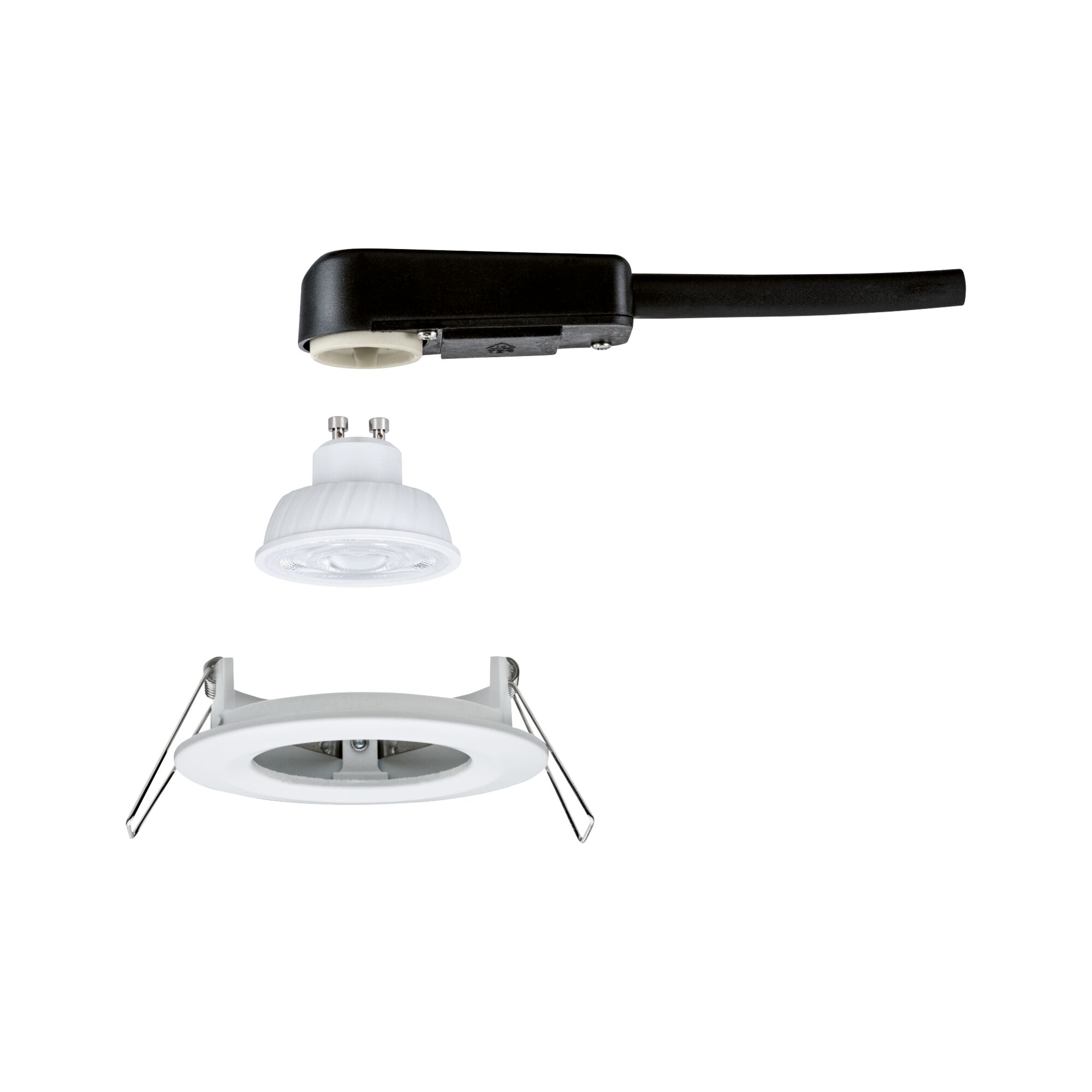 Weißer LED-Einbaustrahler mit GU10 Fassung und schwarzem Anschlusskabel für moderne Beleuchtung