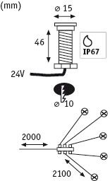 Technische Zeichnung eines IP67 LED-Einbauleuchtmittels mit 15 mm Durchmesser und 24V Anschluss.
