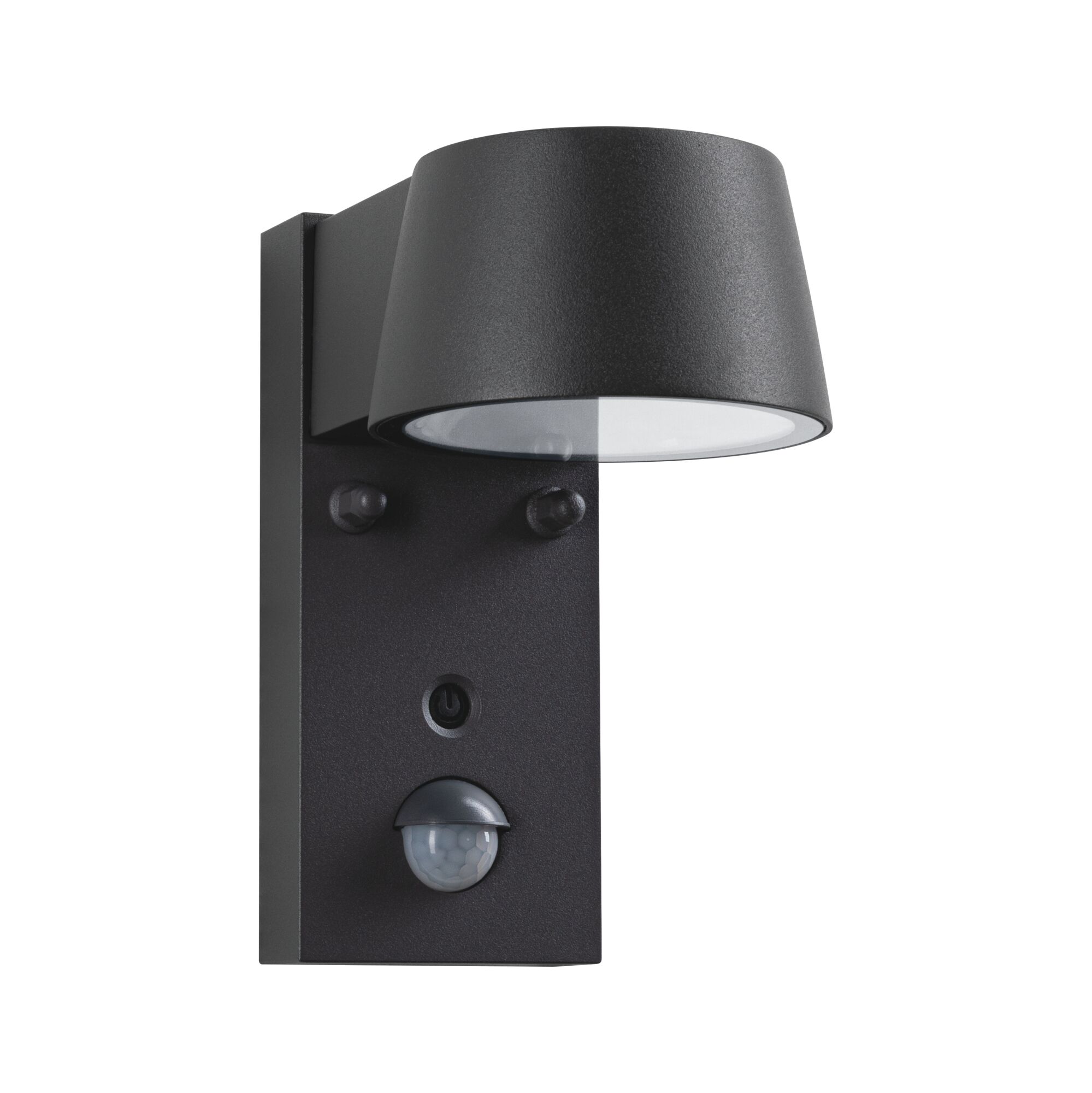 Black metal outdoor wall light with motion sensor, modern design for garden lighting and security