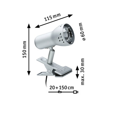 Zilveren klemspot met verstelbare kop en 150 cm kabel voor flexibele verlichting.