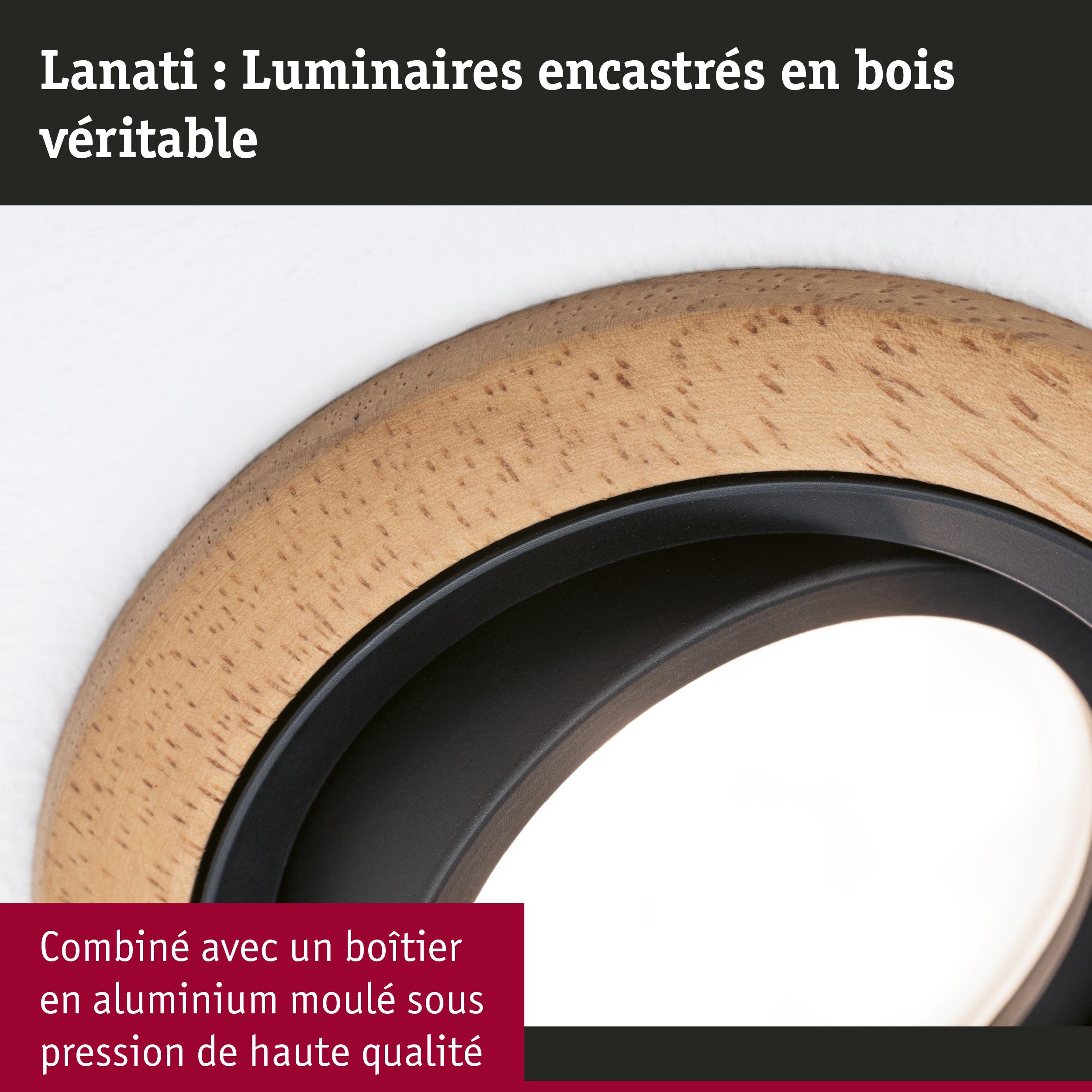 Luminaire encastré rond en bois naturel avec boîtier en aluminium noir et lumière blanche éclatante.