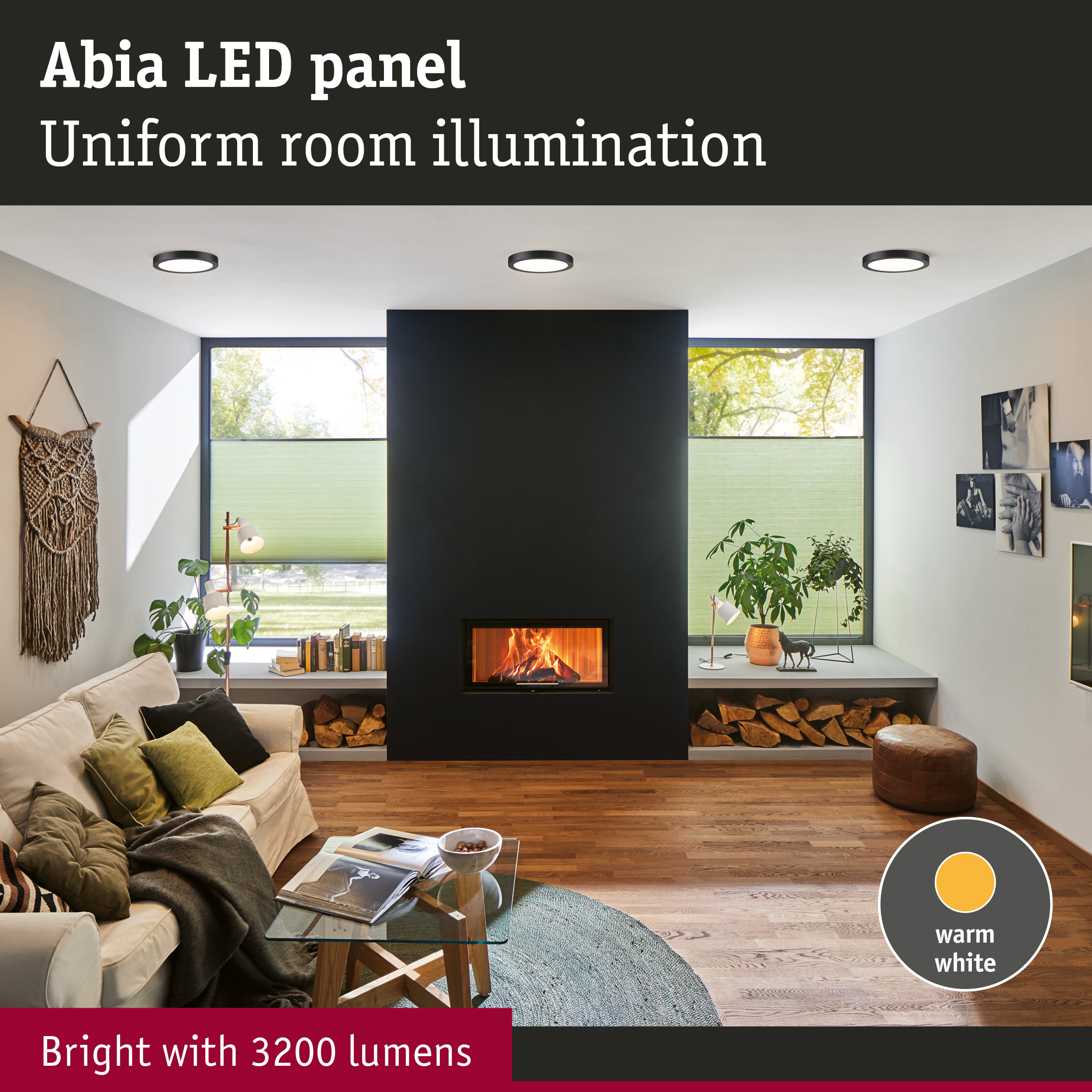 Abia black LED panel with warm white light for uniform room illumination and 3200 lumens brightness