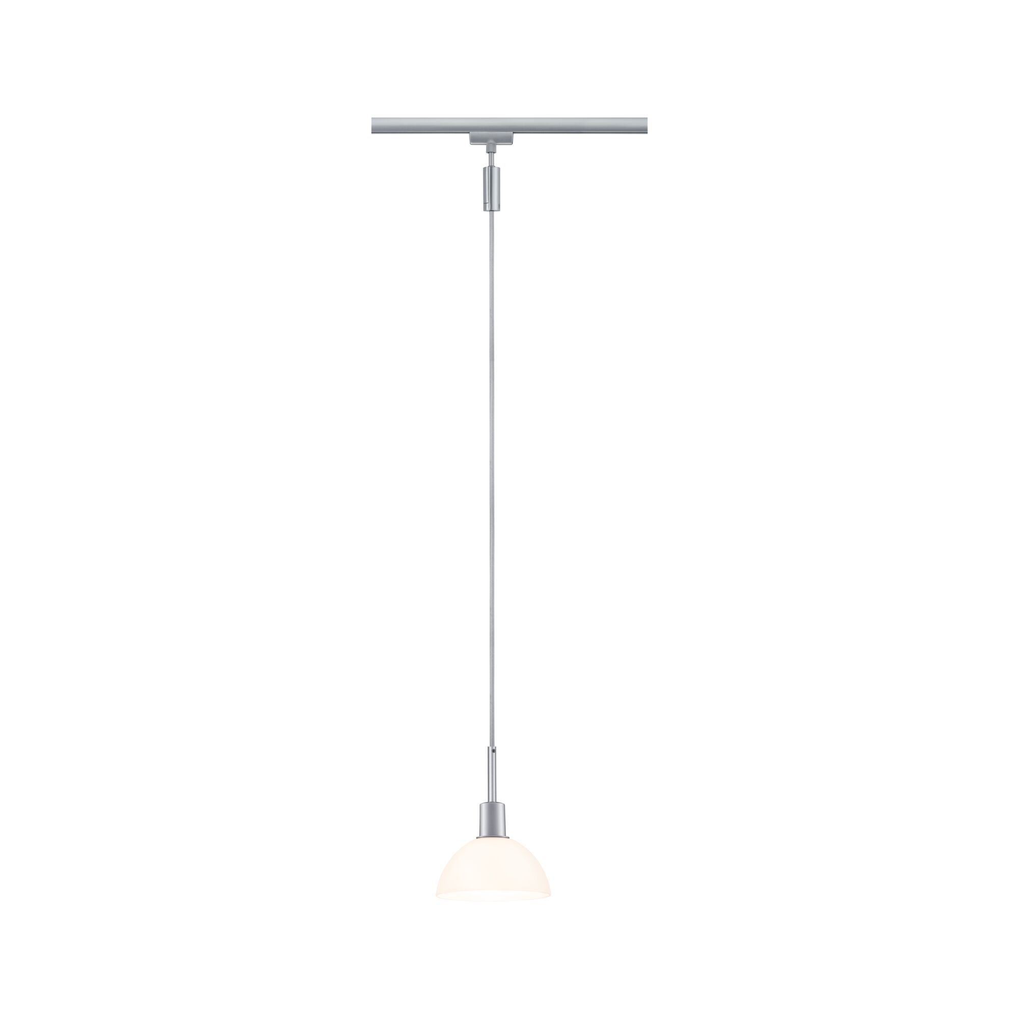 Moderne hanglamp met wit glas en zilverkleurig metaal voor railsysteemverlichting