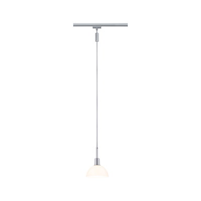 Moderne hanglamp met wit glas en zilverkleurig metaal voor railsysteemverlichting