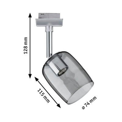 Modern ceiling spotlight with grey glass and chrome metal, dimensions 128x115x74 mm, LED light