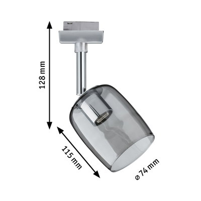 Moderner Deckenstrahler mit grauem Glas und verchromtem Metall, Maße 128x115x74 mm, LED-Leuchte