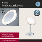 Moderner Kosmetikspiegel mit LED-Ring, verchromtem Ständer und 3-fach Vergrößerung für präzises Make-up.