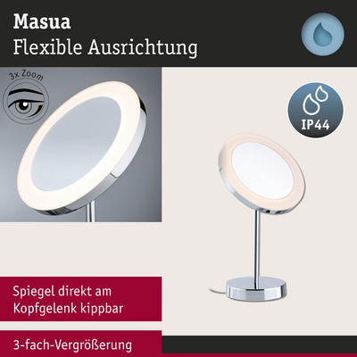 Masua LED-Tischspiegel mit flexiblem Kopf, Chrom-Material und 3-fach Vergrößerung, IP44 geschützt