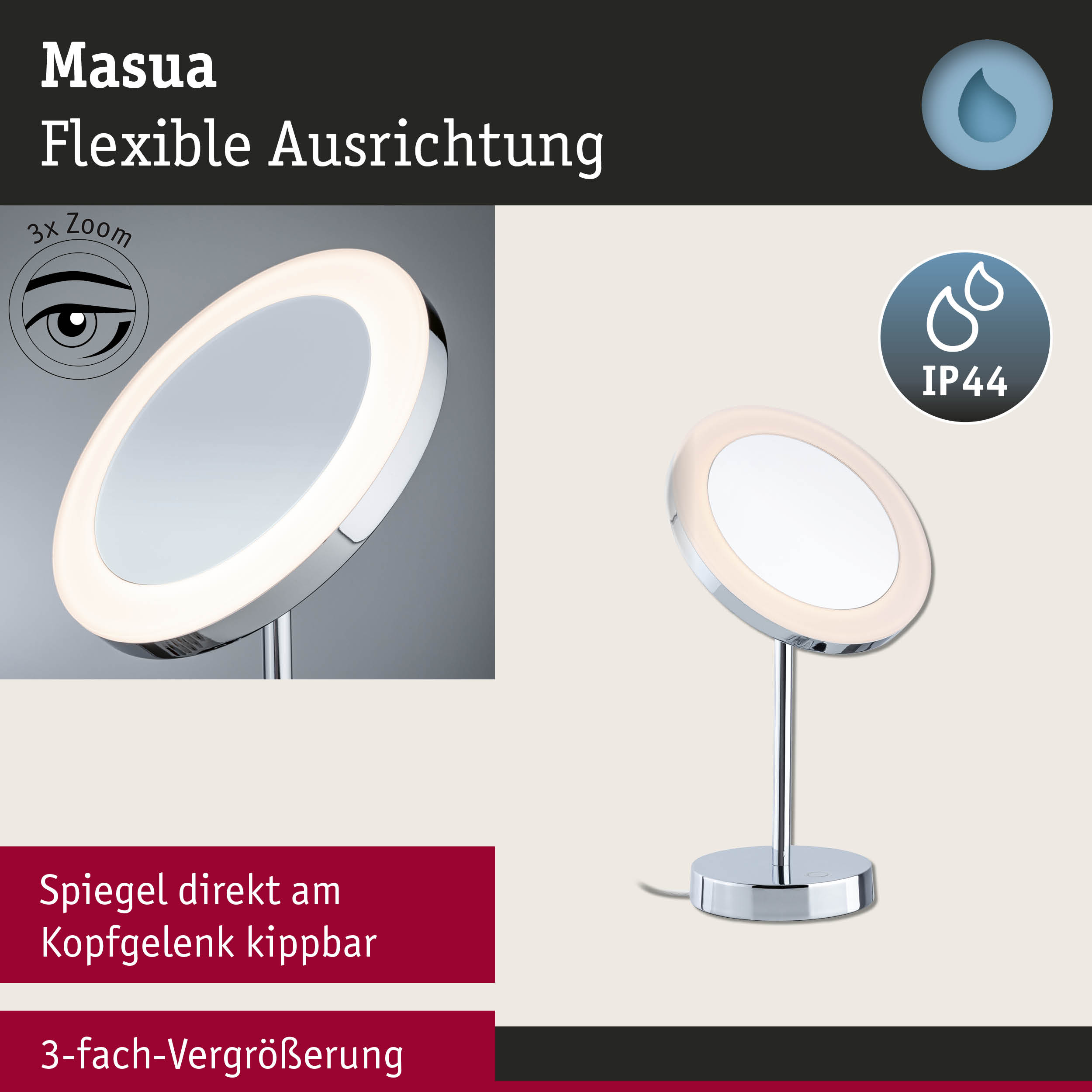 Moderner Kosmetikspiegel mit LED-Ring, verchromtem Ständer und 3-fach Vergrößerung für präzises Make-up.
