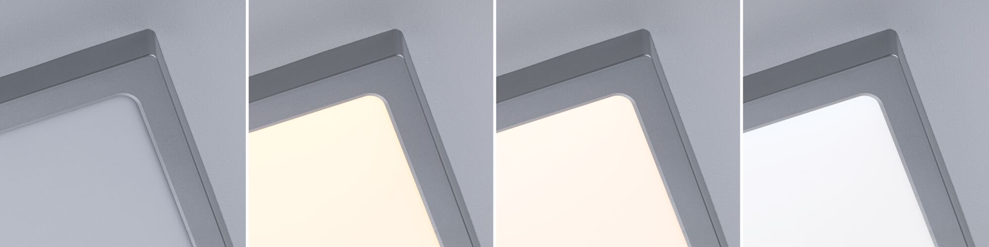 Vier Ansichten einer quadratischen Deckenleuchte mit silbernem Rahmen und wechselbarer Lichtfarbe