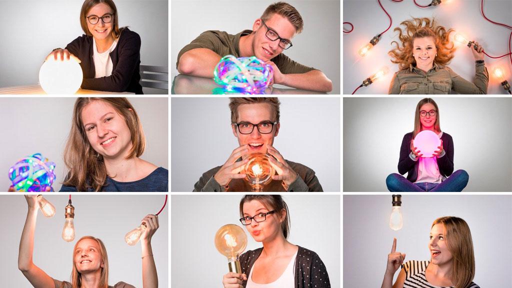 Collage mit jungen Menschen, die verschiedene Leuchtmittel und LED-Lichtprodukte von Paulmann präsentieren.
