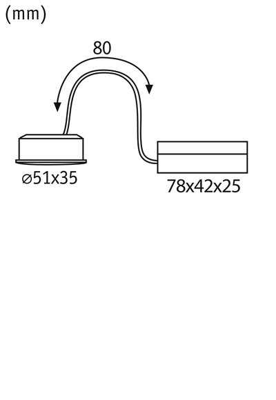 Technical drawing showing dimensions of two connected parts with 80 mm cable length, sizes 51x35 and 78x42x25 mm