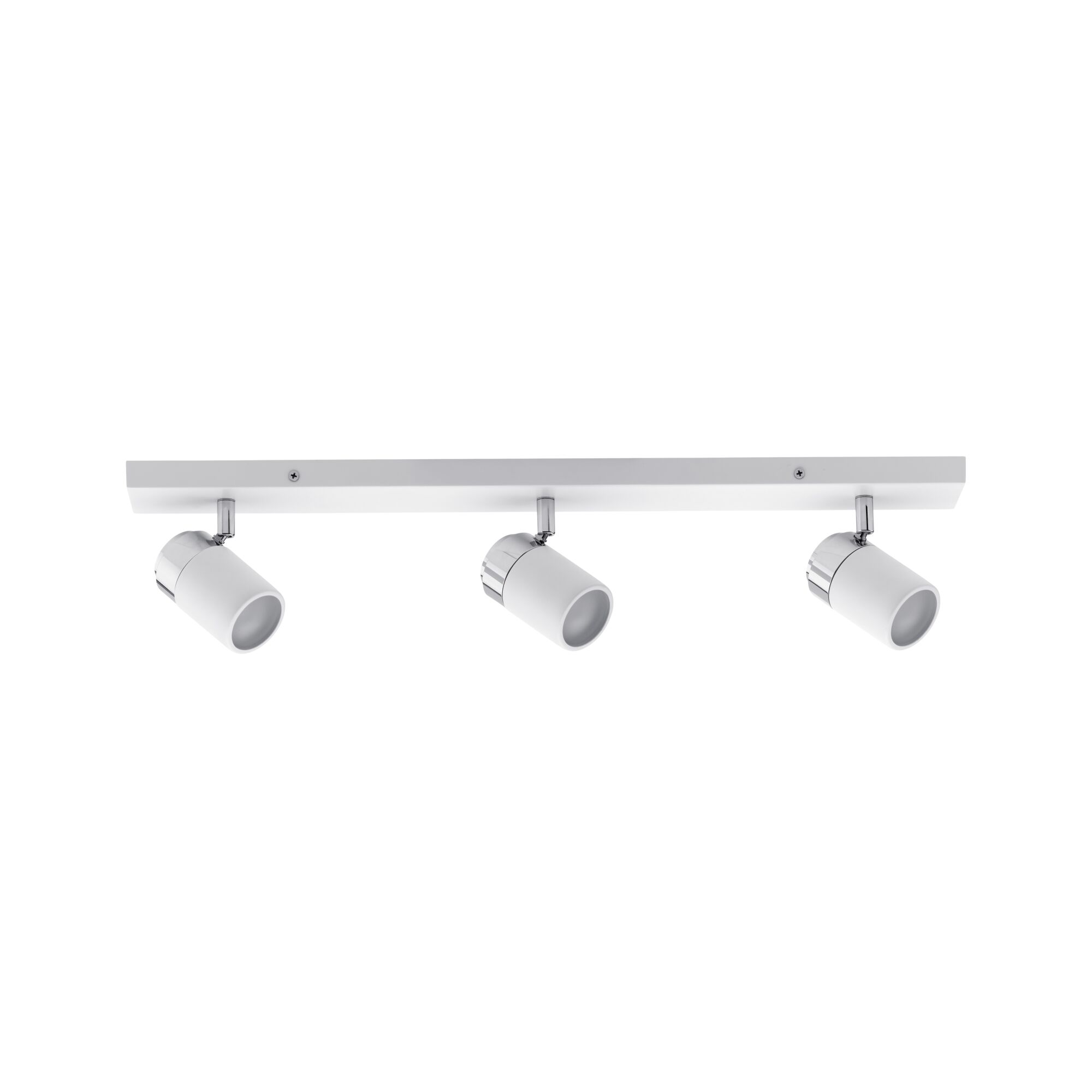 Three white LED spotlights with chrome accents on white rail for modern room lighting