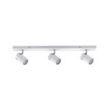 Three white LED spotlights with chrome accents on white rail for modern room lighting