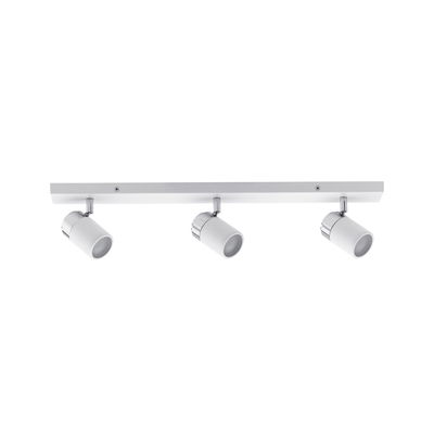 Three white LED spotlights with chrome accents on white rail for modern room lighting