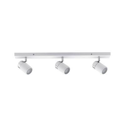 Three white LED spotlights with chrome accents on white rail for modern room lighting