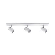 Drei weiße LED-Spotleuchten mit verchromten Details an weißer Schiene für moderne Raumbeleuchtung