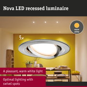 Nova LED recessed luminaire in silver metal with warm white light and adjustable swivel spots